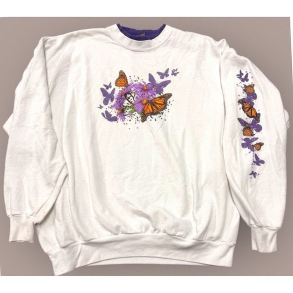 Vintage Artisans Butterfly Naturecore Sweatshirt White Floral‎ Cottagecore XL